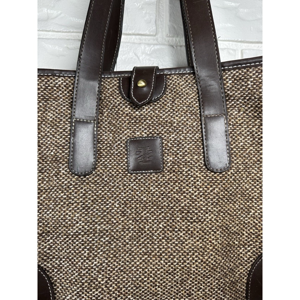 IZOD Brown Tweed Tote Bag Faux Leather Trim‎ Large Shoulder Bag - Picture 2 of 10